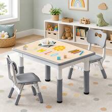 Kids Study Table And Chairs Set, Height Adjustable Toddler Table And Chair Set For Kids Ages 3-8, 31.5" L X 23.6" W Graffiti Desktop Plastic Children Art Table With 2 Seat - 灰色 - 查看 1