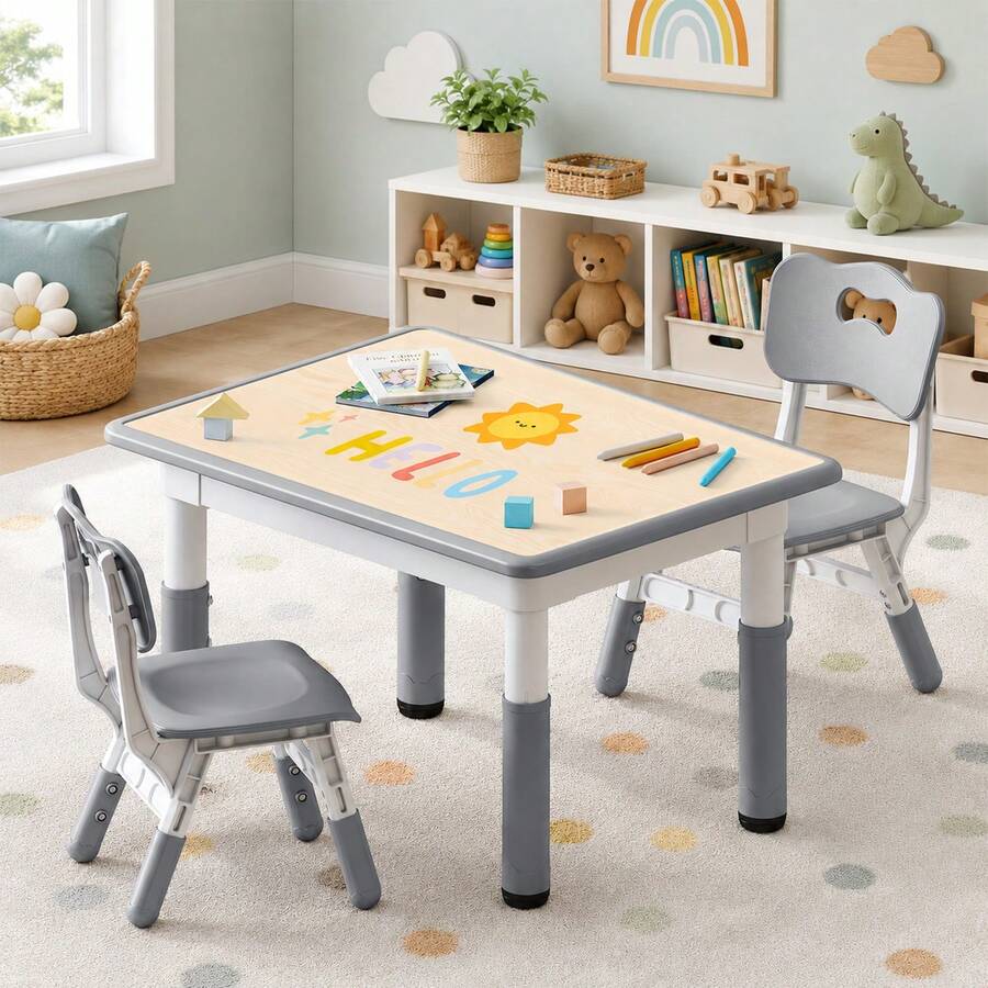 Kids Study Table And Chairs Set, Height Adjustable Toddler Table And Chair Set For Kids Ages 3-8, 31.5" L X 23.6" W Graffiti Desktop Plastic Children Art Table With 2 Seat - 灰色 - 查看 1