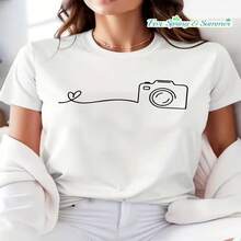 Camiseta Casual de Manga Corta con Cuello Redondo y Estampado de Cámara Geométrica, Edición para Amantes de Mascotas, Ropa de Mujer para Primavera y Verano S-XXXL - Blanco - Ver 1
