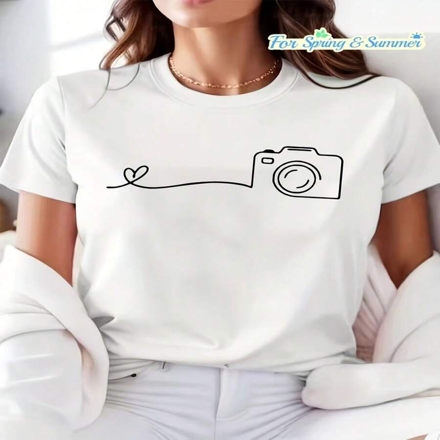 Camiseta Casual de Manga Corta con Cuello Redondo y Estampado de Cámara Geométrica, Edición para Amantes de Mascotas, Ropa de Mujer para Primavera y Verano S-XXXL - Blanco - Ver 1