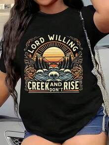 Women's Casual T-Shirts, Plus Size Women's T-Shirt With Graphic Print "Lord Willing And Creek And Rise", Short Sleeve, Round Neck, Summer Casual Wear. - 黑色 - 查看 5