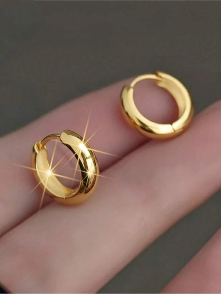 1 Pair 18K Gold Plated Stainless Steel Simple Smooth Large Hoop Earrings, French Elegant Gold Earrings, Flattering Face Shape Versatile Jewelry - Gold - View 1