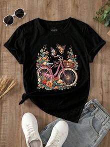 Camiseta con Estampado Floral y de Mariposas Estilo Bohemio, Camisetas Gráficas para Mujer, Tops de Algodón - Negro - Ver 1