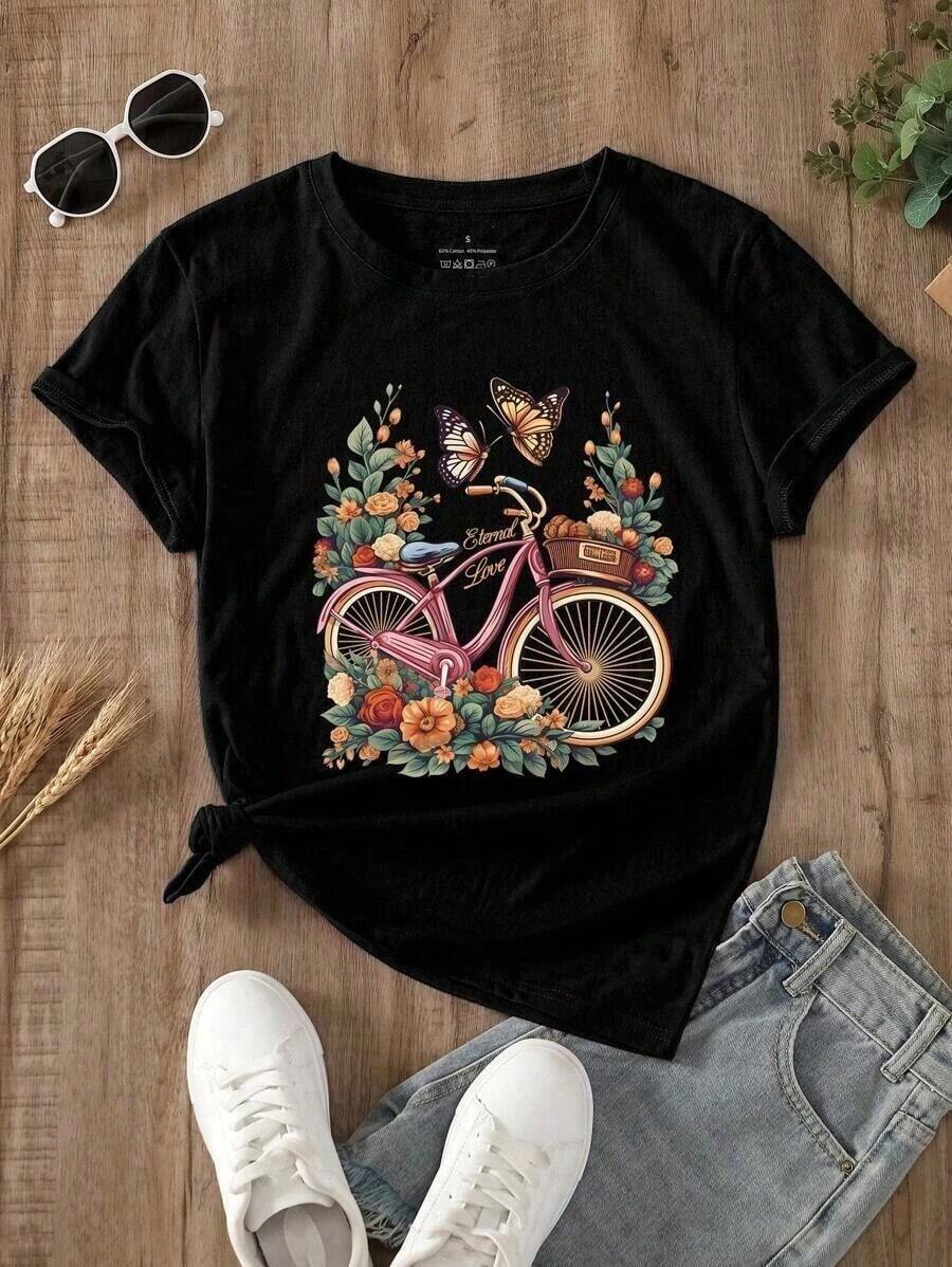 Camiseta con Estampado Floral y de Mariposas Estilo Bohemio, Camisetas Gráficas para Mujer, Tops de Algodón - Negro - Ver 1