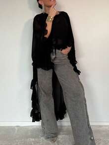 Women's Sheer Chiffon Kimono Cardigan Ruffled Flare Sleeve Open Front Long Maxi Cover Up - Black - View 4