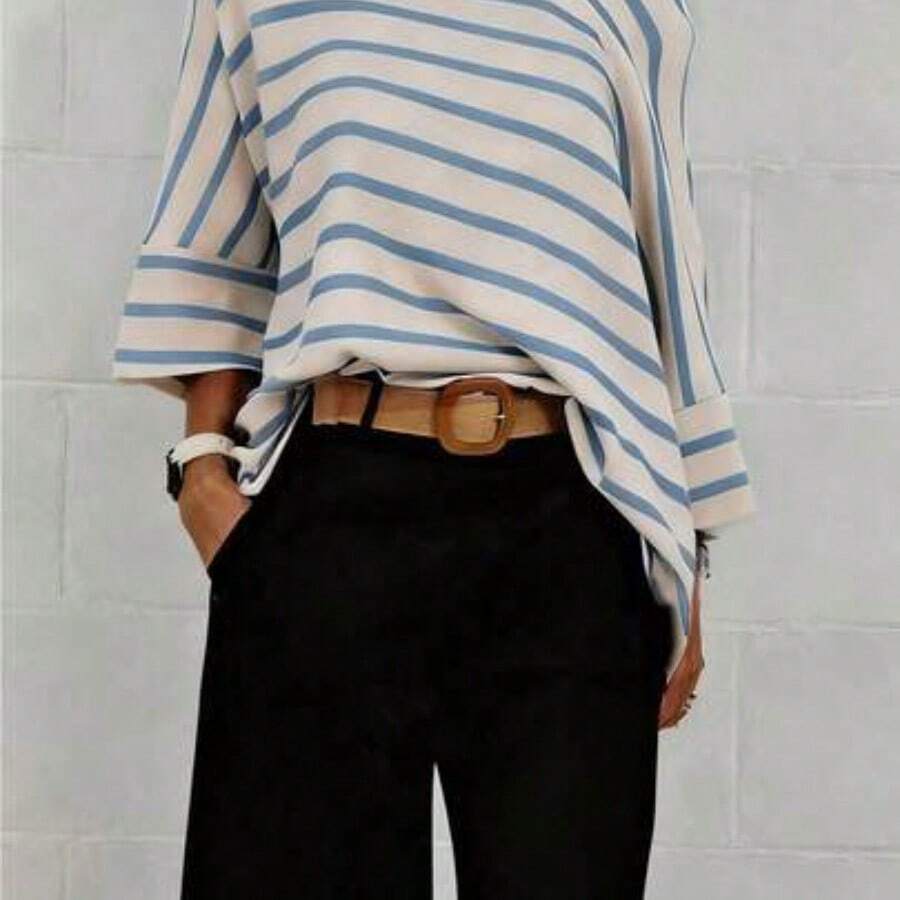 Camiseta casual holgada de mujer con mangas de murciélago asimétricas y hombros a rayas, verano negro primavera - Azul - Ver 1