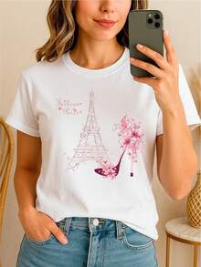 Camiseta elegante con diseño de torre Eiffel y tacón, estilo moderno, ideal para amantes de la moda, talla S-M-L, color blanco, ropa casual,  de verano. - Blanco - Ver 1