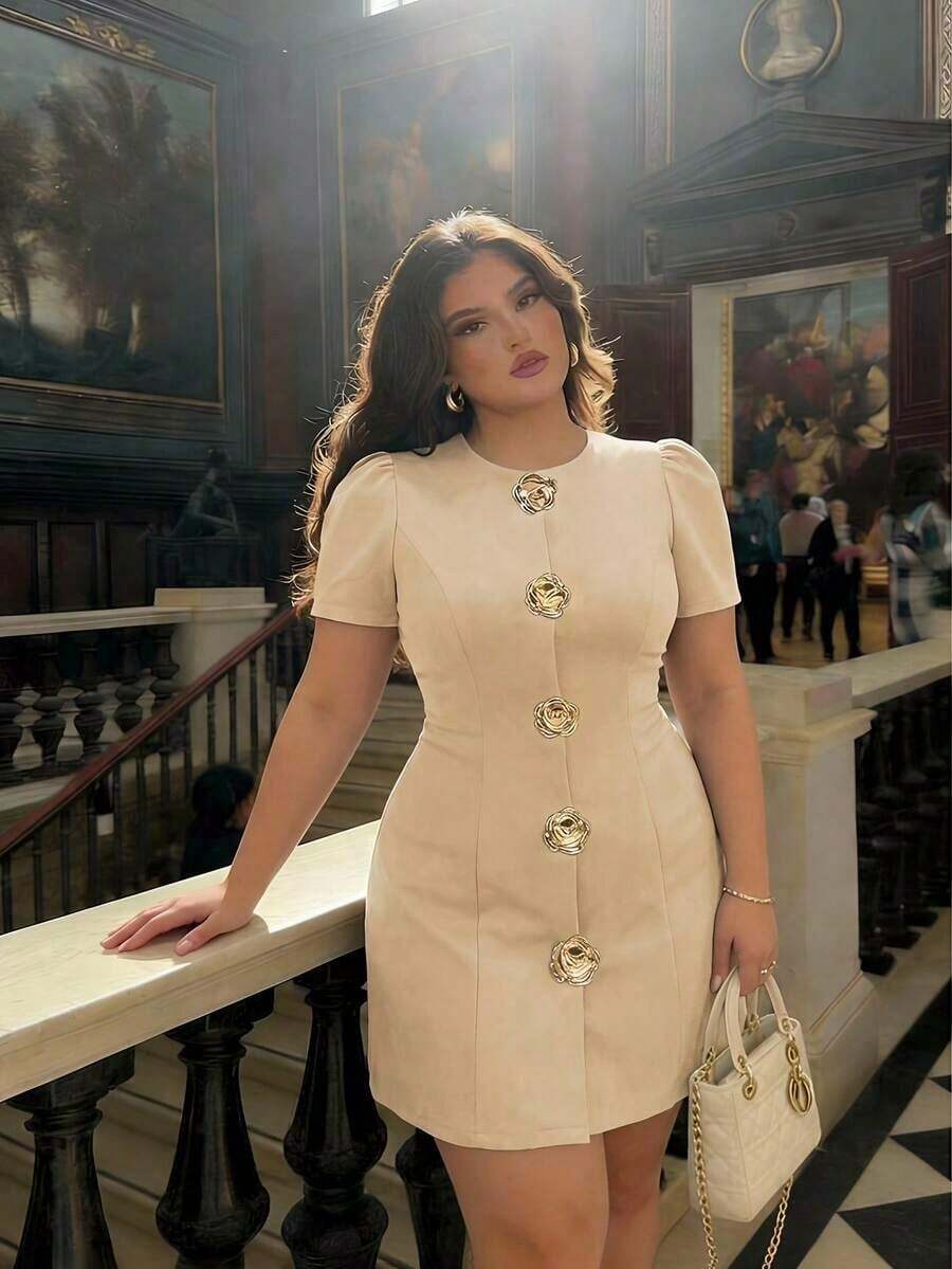 MOD Vestido negro vintage glamoroso de talla grande para mujer con acentos de rosa metálico - perfecto para estética, look preppy, citas, fiestas, vacaciones, meriendas, cumpleaños, uso en la oficina y para ir y venir, con aire de dinero antiguo.Primavera/Verano - Albaricoque - Ver 1