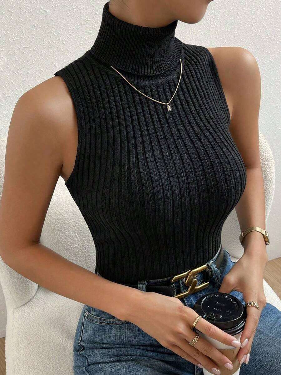 Top de cuello tortuga tejido de canalé - Negro - Ver 1