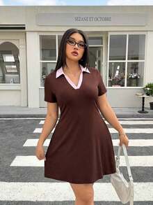 Vestido casual de manga corta con bloques de color y cuello de solapa para mujer talla grande - Multicolor - Ver 5