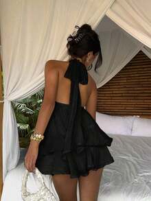 MEXAloruh Vestido mini elegante de gasa con lazo en el cuello en color amarillo mantequilla para mujer, vestido para citas, vestido para salir de noche, vestidos de verano para mujer, atuendos para luna de miel, vestido de invitada de boda, atuendos para vacaciones en la isla, vestidos de fiesta elegantes, vestidos de cumpleaños para mujerMEX 2MZE - Negro - Ver 8