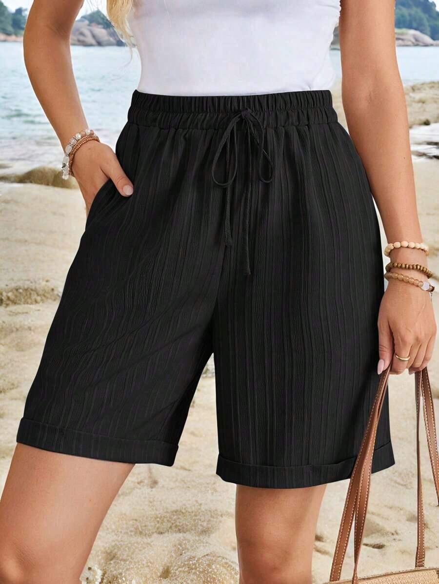 Pantalones cortos casuales de unicolor con bolsillos y cordón para la cintura para mujer - Negro - Ver 1