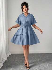 Vestido informal de estilo camisa de talla grande con detalles ricos - Niebla azul - Ver 7