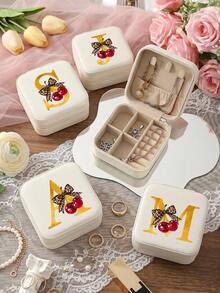 Beige Portable Storage Box - Personalized Letter Gift Box Suitable For Women, Multi-Compartment Jewelry Organizer Suitable For Earrings And Necklaces, Small Zippered Storage Box With Velvet Lining, Travel Storage Box Perfect For Bridesmaid Gifts And Friends - Bow - View 1