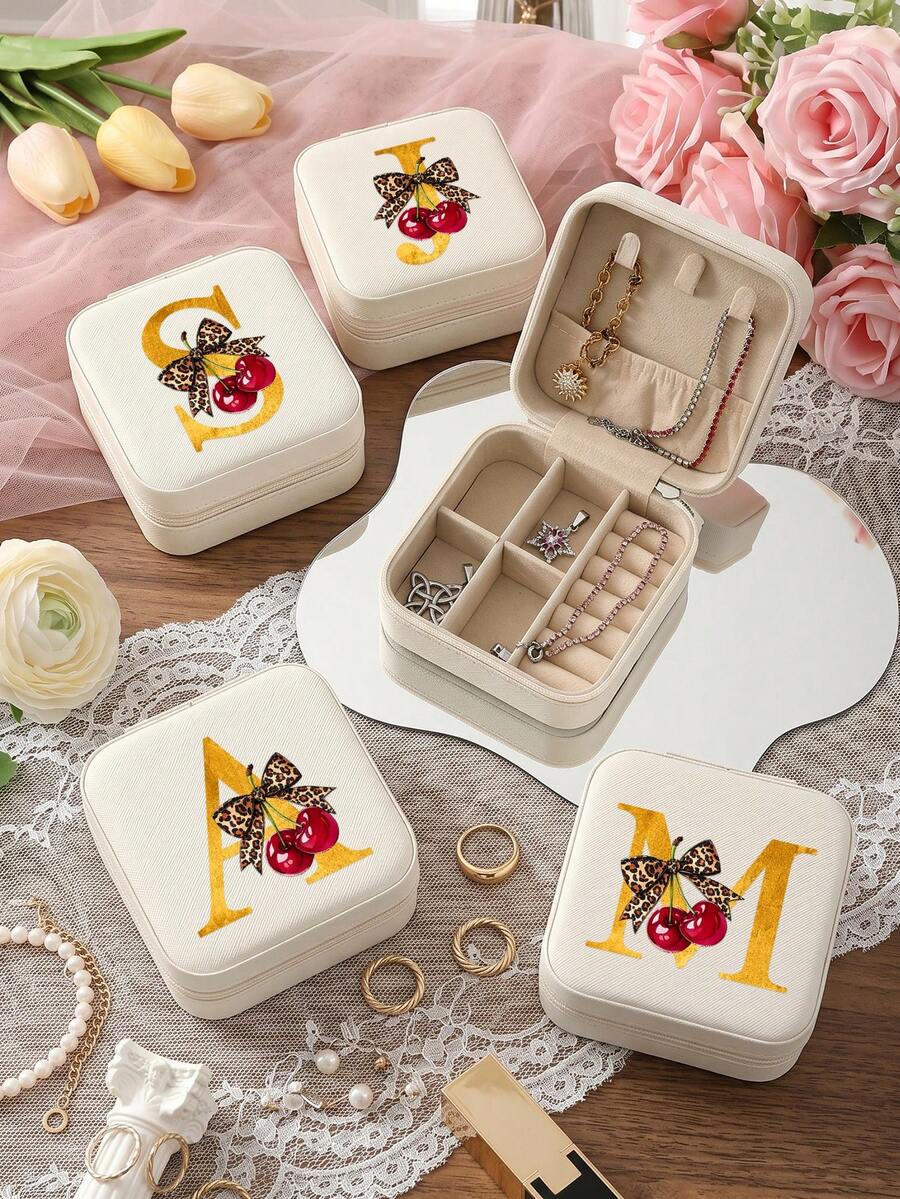 Beige Portable Storage Box - Personalized Letter Gift Box Suitable For Women, Multi-Compartment Jewelry Organizer Suitable For Earrings And Necklaces, Small Zippered Storage Box With Velvet Lining, Travel Storage Box Perfect For Bridesmaid Gifts And Friends - Bow - View 1