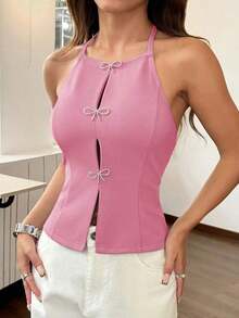 Top de tirantes de corte regular y unicolor sin mangas y escote trasero para mujer - Rosa - Ver 5