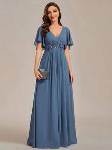 Elegante vestido de dama de honor de gasa con cuello en V, mangas con volantes bordados y plisados, vestido de noche formal para invitados de boda - Niebla azul - Ver 6