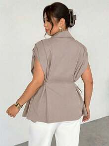 de traje delgada de botón de metal casual y elegante a juego para mujer talla grande, de lino marrón/Chaqueta de traje de imitación de lino/Blusa con lazo plisado/Ropa casual de negocios para mujer/Ropa de maestra/Ropa retro para mujer/Co - Caqui - Ver 6