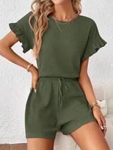 Top de manga con volante & Shorts de cintura con cordón - Verde militar - Ver 3