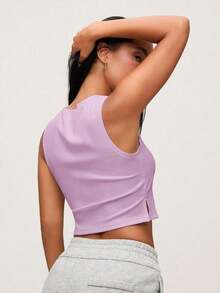 Top de depósito casual sin mangas para verano con cuello redondo y dobladillo dividido - Morado - Ver 2