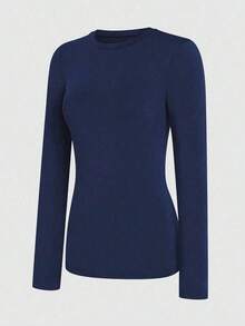 Camiseta De Manga Larga Cuello Redondo De Color Sólido Para Mujer - Azul marino - Ver 4