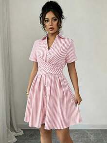 Women's Summer Shirt Dress, V-Neck, Raglan Sleeves, Crossover Waist Tie, Pink Stripes - 紅色 - 查看 6