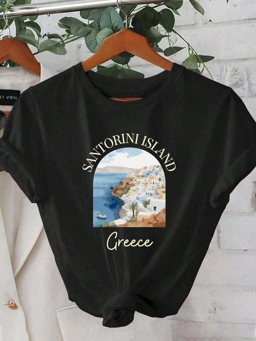 Camisetas gráficas ligeras, nueva colección de verano 2026, con un diseño de paisaje de la isla de Santorini, hermosas, elegantes, a la moda, informales, ropa de estilo coreano, camiseta, 100% algodón, una opción popular. - Negro - Ver 1