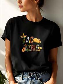 1 pieza de remera de manga corta 100% algodón estilo casual con estampado divertido de tacos sombrero guitarra y cactus ideal para fiestas temáticas o días informales en verano mujer - Negro - Ver 1