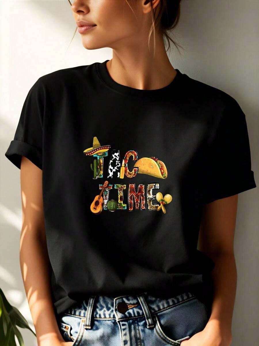 1 pieza de remera de manga corta 100% algodón estilo casual con estampado divertido de tacos sombrero guitarra y cactus ideal para fiestas temáticas o días informales en verano mujer - Negro - Ver 1