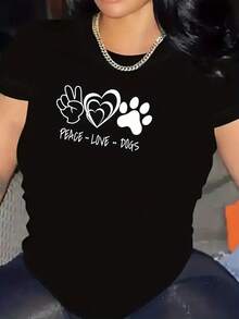 1 camiseta estampada para mujer, con temática de paz, amor y perros - diseño con huellas de patas de perro y corazones, perfecta para uso casual de verano, estilo de manga corta, adecuada pa - Negro - Ver 1