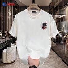 Pure Cotton Short-Sleeved T-Shirt With Rose Print, Versatile, Modern Brand, Loose Fit, Casual Round Neck, Lightweight Luxury Style, High-Quality T-Shirt For Men. - 白色 - 查看 6