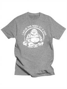 Men's Plus Size Buddha Funny T-Shirt "I Have The Body Of A God" - Plus Size Pride Graphic Tee, Black With White Lettering, Soft And Breathable Cotton, Regular Fit For Summer And Casual Wear, Humorous Clothing, PLUS SIZE - 灰色 - 查看 6