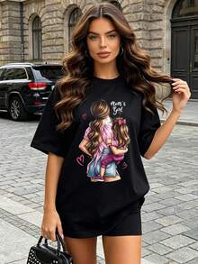 Camiseta de manga corta con cuello redondo suave y casual para mujer, con estampado gráfico "The Mom's Girl", adecuada para uso casual en primavera y verano. Negro. - Negro - Ver 2