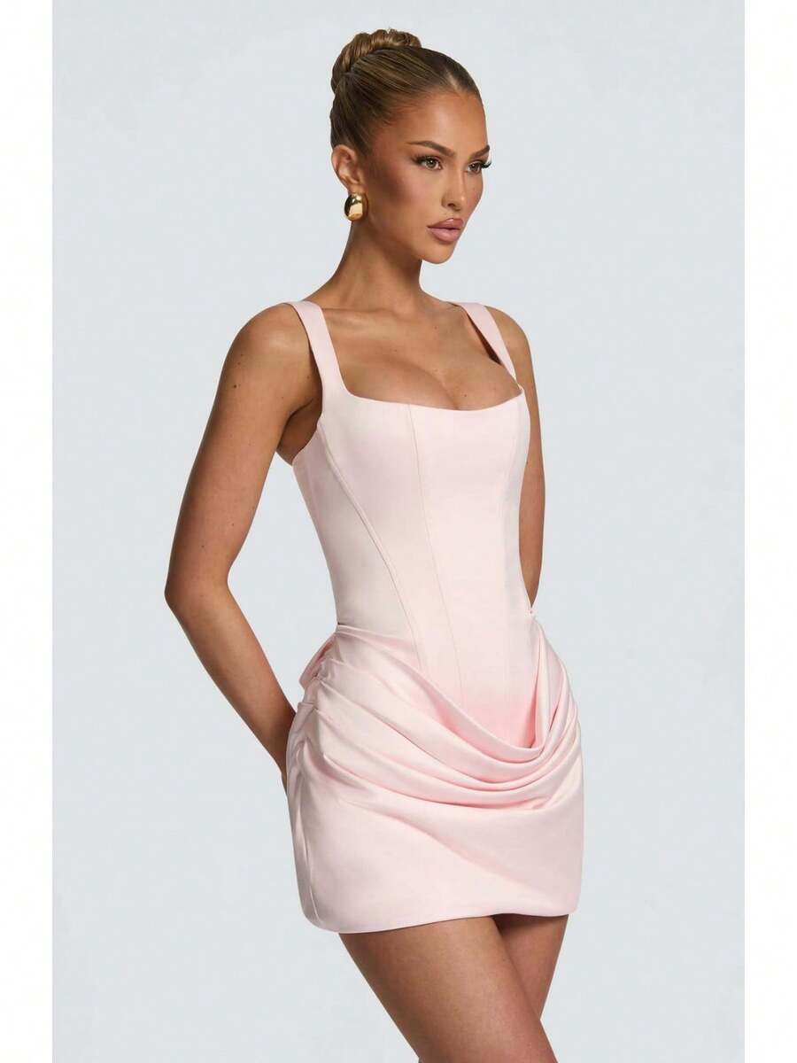 Ladies Minimalist Square Neck Stretch Bodycon Short Dress Evening Going Out Outfit - Pink - View 1
