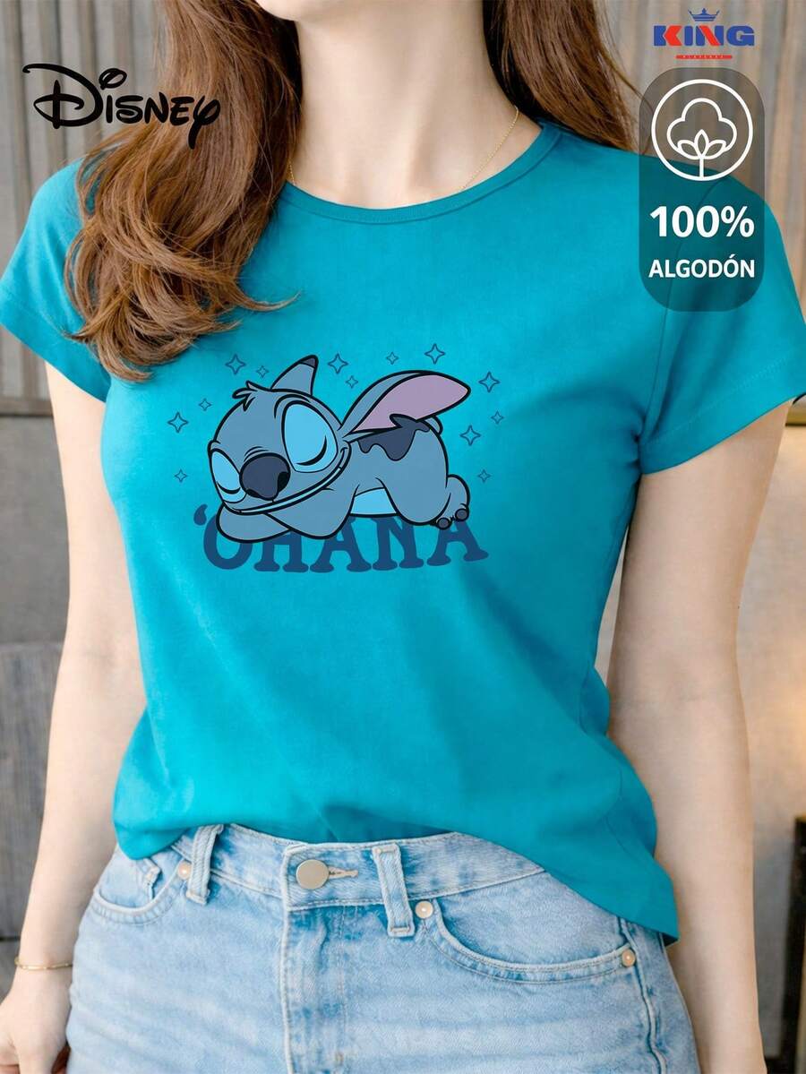 This 100% Cotton T-Shirt Is Of Excellent Quality, Guaranteeing Exceptional Softness To The Touch. It Features A Round Neck With A "Disney Stitch Ohana Sleepy" Print And Short Sleeves. - 綠松石 - 查看 1