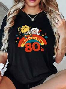 1pcs Women's 80s Cartoon Rainbow Graphic Print T Shirt Retro Casual 100% Cotton Round Neck Tee Loose Fit Summer Top blusas casuales para dama - Negro - Ver 1