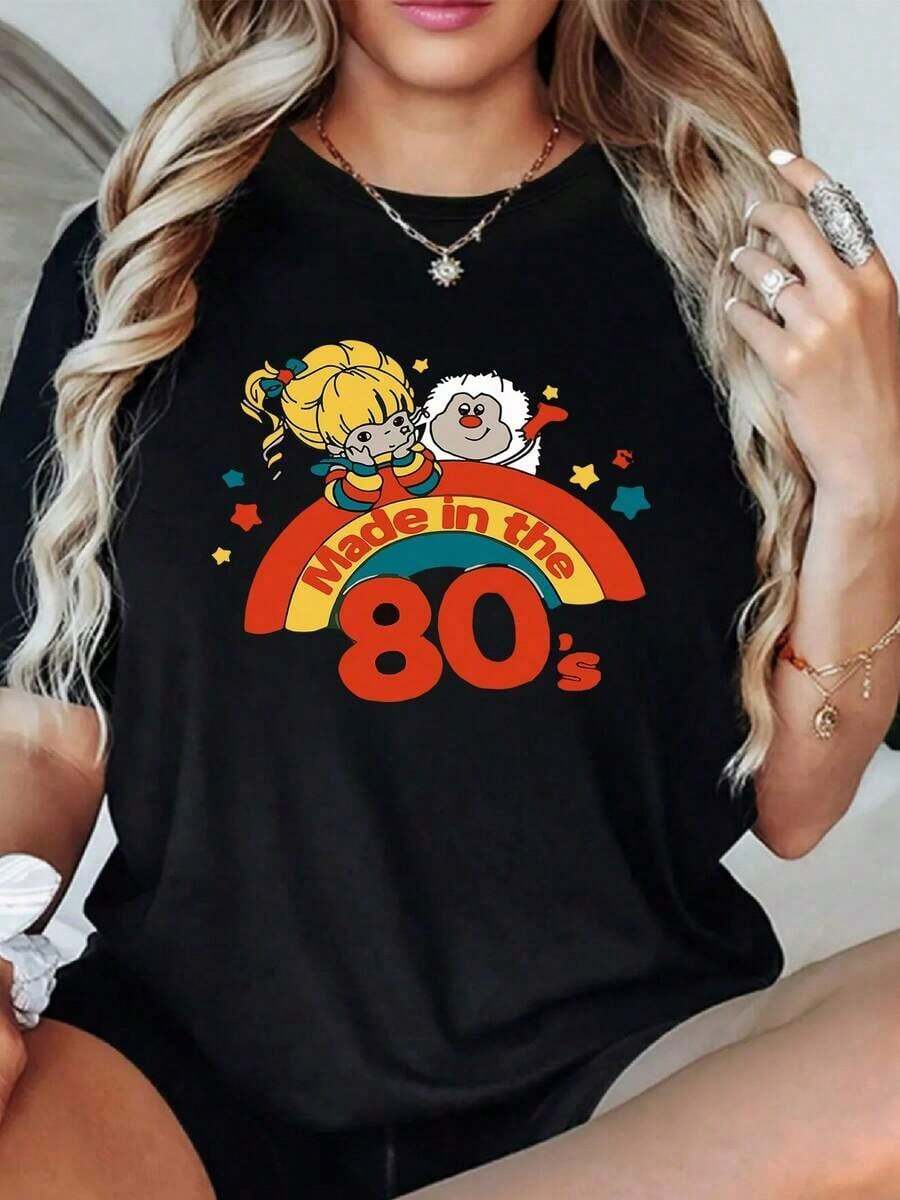 1pcs Women's 80s Cartoon Rainbow Graphic Print T Shirt Retro Casual 100% Cotton Round Neck Tee Loose Fit Summer Top blusas casuales para dama - Negro - Ver 1