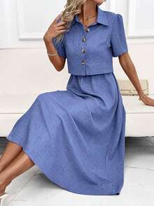 Clasi Conjunto de 2 piezas de camisa efecto denim y vestido de tirantes elegante para mujer, adecuado para ir a trabajar y múltiples ocasiones, atuendos de vacaciones de primavera, verano y playa.Conjunto de falda y blusa, conjunto de dos piezas de denim azul para Pascua. - azul real - Ver 7