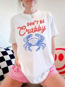 Women's 1-Piece Casual T-Shirt With Crab Print, White, T-Shirts, White Top, Graphic T-Shirts For Women, Unisex Casual Round Neck T-Shirt, Lightweight Knit Fabric, Machine Washable, For Spring/Summer/Autumn, Christmas, Valentine's Day, 4th Of July. - 白色 - 查看 8