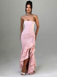 Sleeveless Knit Maxi Dress With Ruffles, Elegant And Sensual Bustier Spring Summer Fashion - Pink - View 4