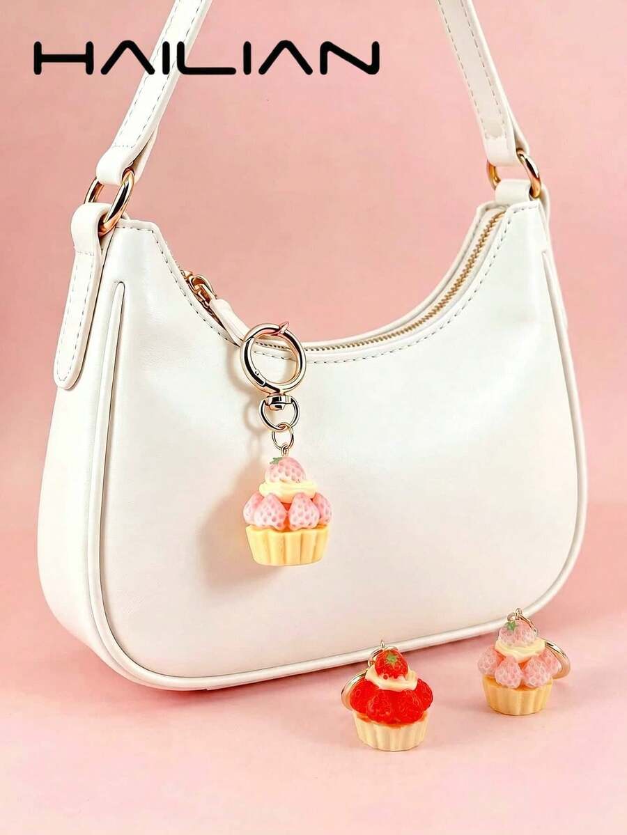 HAILIAN Simulation Strawberry Cupcake Bag Charm, Kawaii 3D Pendant, Sweet Aesthetic Keychain, Ins Style Accessory, Ideal Gift For Friends - Multicolor - View 1