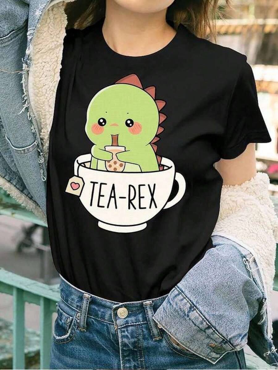 1 Pieza Camiseta 180g 100% Algodón Unisex Holgada. 1 Pieza Camiseta 180g 100% Algodón Unisex Holgada. Divertida camiseta de dinosaurio con diseño de té y humor para amantes de la diversión en reuniones casuales, disponible en negro, talla S a XL, moda juvenil,  redes sociales. Cómoda y versátil para escuela, trabajo, salidas y eventos casuales Cómoda y versátil para escuela, trabajo, salidas y eventos casuales - Negro - Ver 1