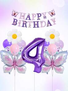 16pcs Butterfly Themed Birthday Balloon Set, 40-Inch Purple 0-9 Number Foil Balloons, Large Butterfly Shaped Balloons, Daisy Balloons, Happy Birthday Backdrop Banner, Dark Purple, Macaron Purple, Pink Latex Balloons, Suitable For Birthday Party, Butterfly Theme Decoration - Butterfly-themed Birthday Set - View 4