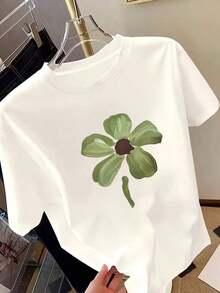 Camiseta de manga corta para mujer, recién llegada, con estampado de pintura al óleo floral pequeña dibujada a mano, corte regular, cuello redondo, ropa de primavera y verano para mujer, moda casual para exteriores, tela ligera y transpirable, regalo para hija o hermana en su cumpleaños. - Blanco - Ver 6