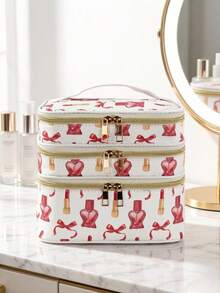 1pc Multi-Functional Makeup Bag, 3-Layer Large Capacity Durable Fabric Girly Printed Square Handheld Cosmetic Organizer, Suitable For Daily Use - Multicolor - View 9