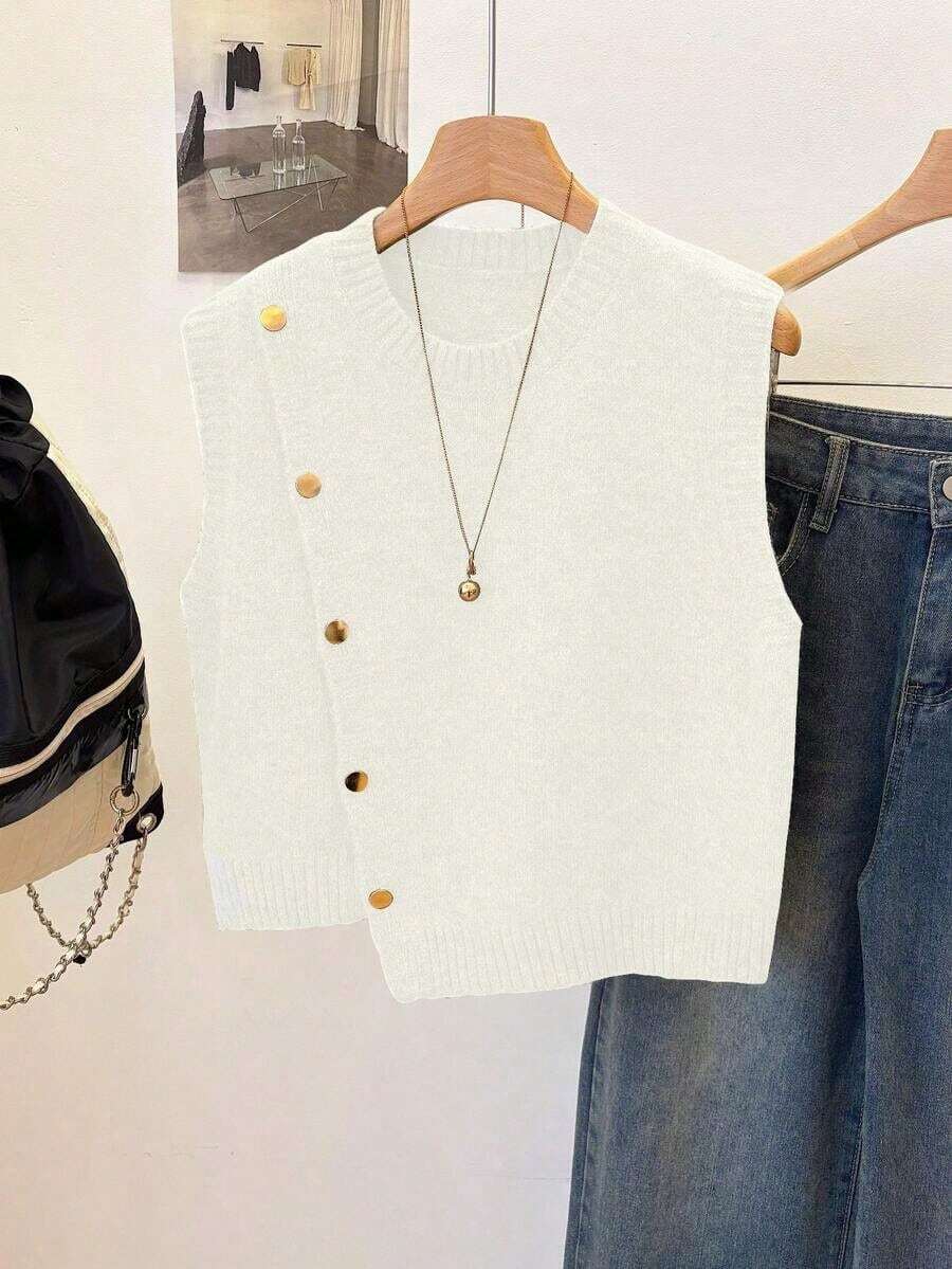 1 pieza Chaleco sin mangas de punto de unicolor con cuello redondo corto, diseño asimétrico con botones, accesorio de moda, chaleco versátil de punto para el verano - Blanco - Ver 1
