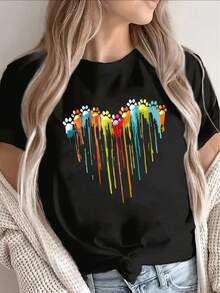 Nueva camiseta de moda para mujer con cuello redondo, de poliéster de alta densidad y manga corta, adornada con coloridos patrones de corazones goteantes, ligera y cómoda, adecuada para uso casual en casa, en la oficina o en restaurantes, combinando perfectamente con las  de moda diarias. Éxito de , diseño versátil para el verano. - Blanco - Ver 7