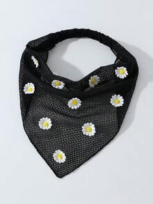 1件女士原创花卉刺绣荷叶边头巾，雏菊装饰，适合日常佩戴和度假 - 黑色 - 查看 2
