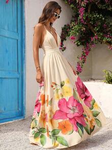 Vestido de mujer con cuello en V profundo, espalda descubierta y estampado floral para vacaciones de verano y playa - Beis - Ver 1