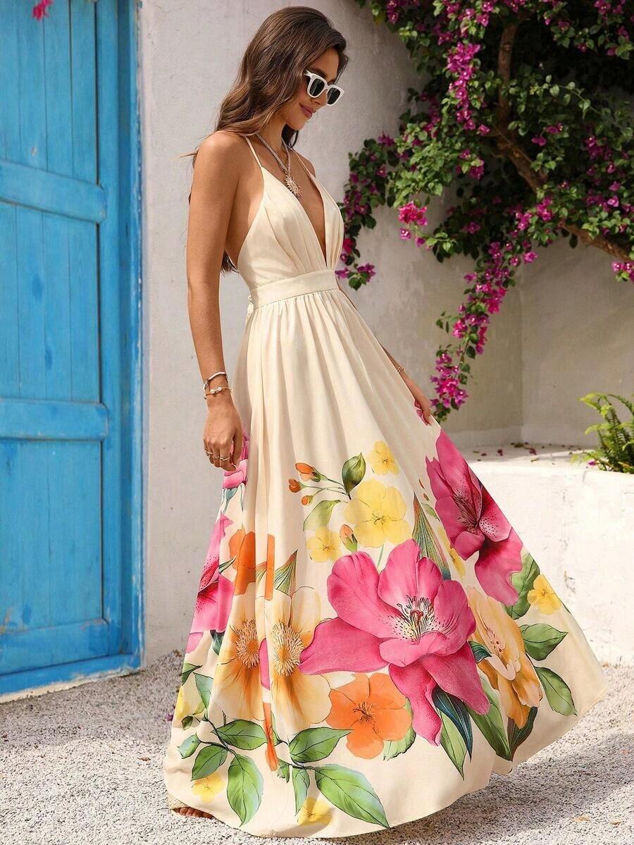 Vestido de mujer con cuello en V profundo, espalda descubierta y estampado floral para vacaciones de verano y playa - Beis - Ver 1